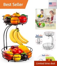 Iron 2-Tier Countertop Fruit Vegetables Basket Bowl Storage With Banana Hange...