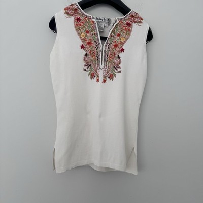 Vtg Joseph A. qu'est-ce que c'est silk Embroidered Knit White Blouse Women s L