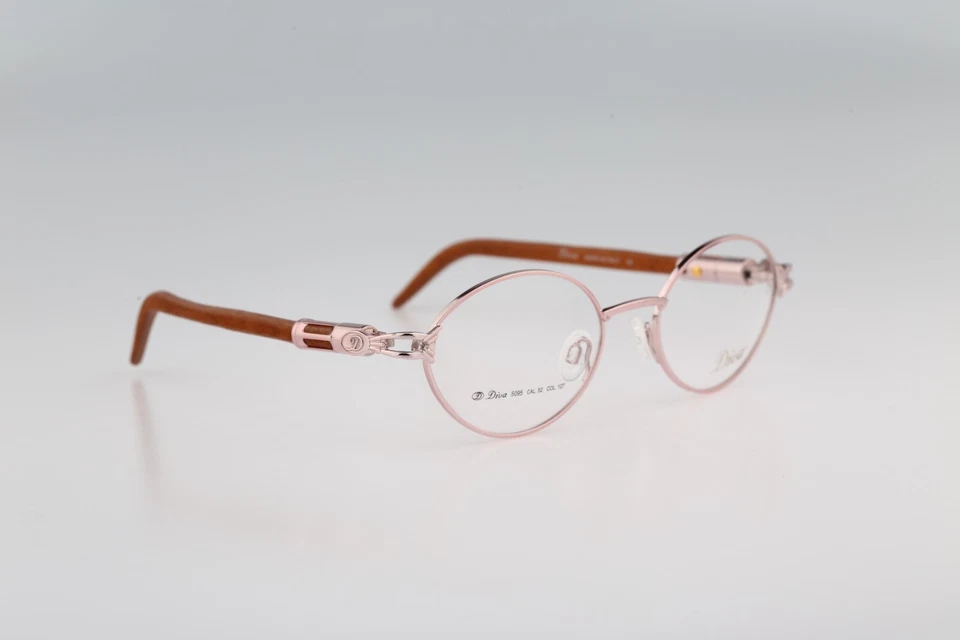 Diva 5095 127 Vintage 90s pink & genuine wood temples oval eyeglasses frames NOS - Image 3 of 4