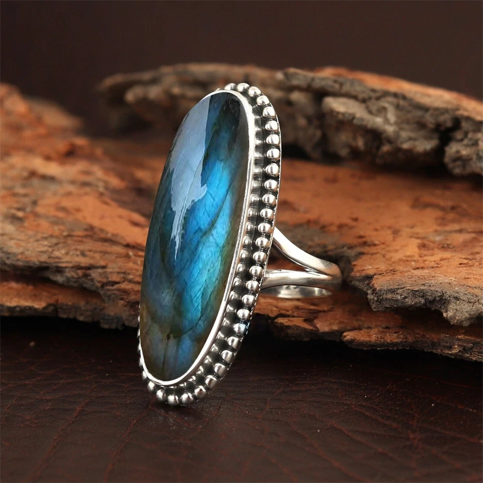Anello Cristallo Labradorite Argento Sterling 925 Boho Sorpresa Gioielli da... - Immagine 3 di 3