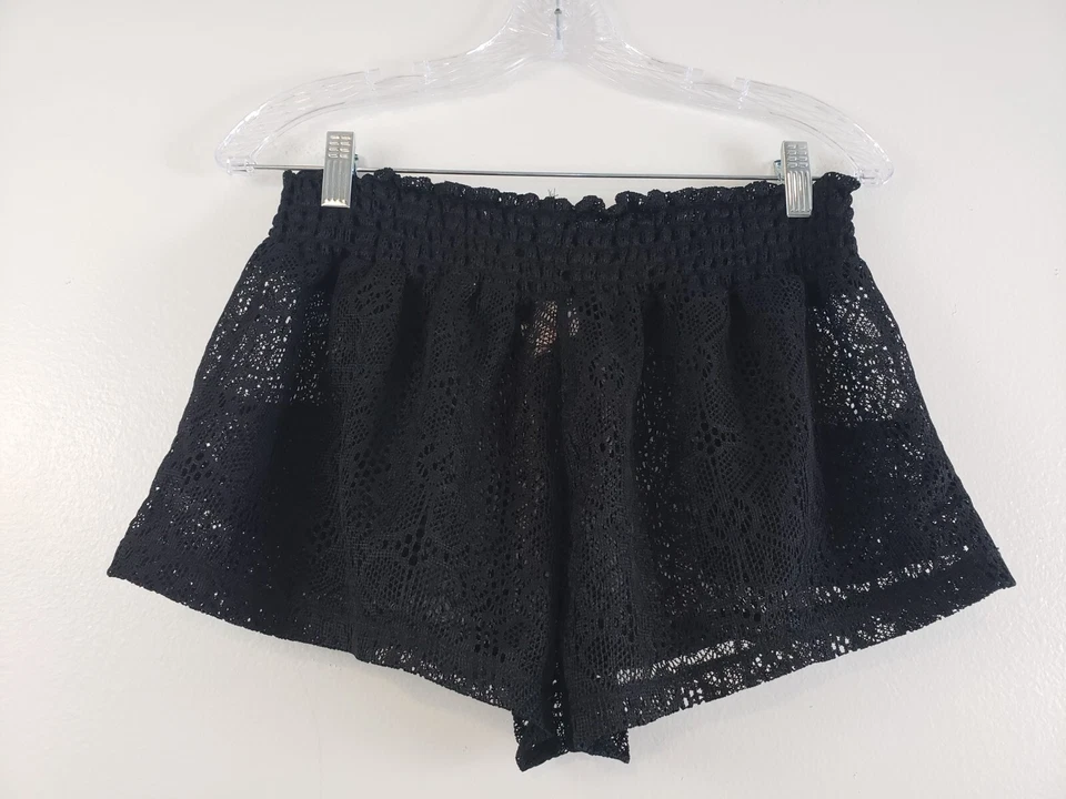 (Ma) Pantalones Cortos Y2K OP Crochet Encaje Mujer Junior Talla L Negro Transparente Natación Encubrimiento Foto 4 de 4