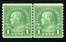 US Scott #597 Benjamin Franklin 1¢ Green  Perf. 10 Line Pair MNH*FREE SHIP
