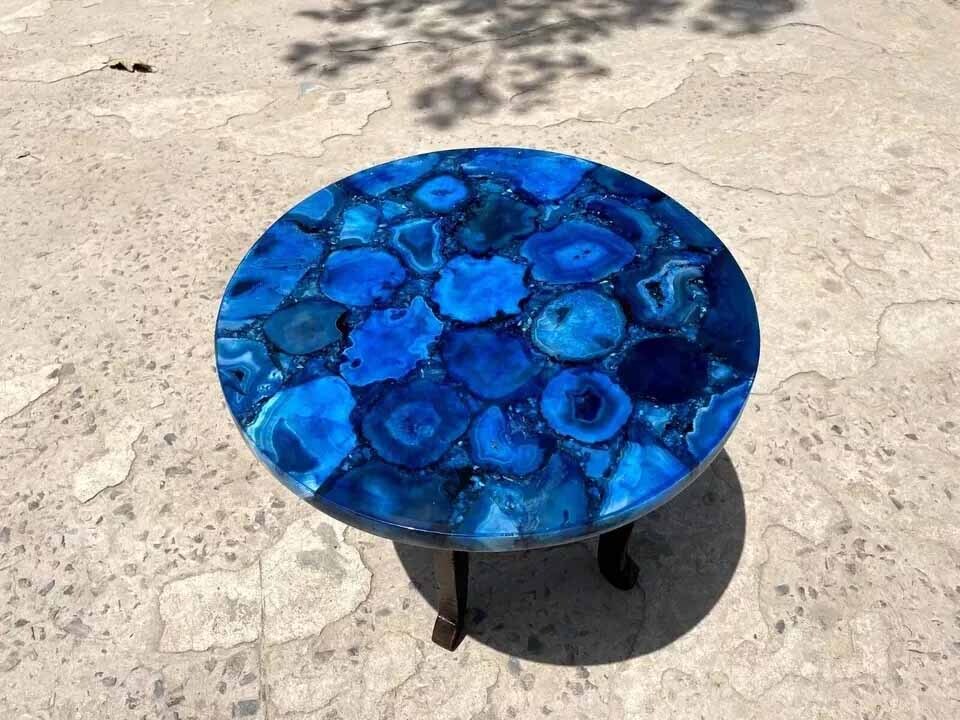 Blue Agate Crystal Gemstone Handmade Balcony Table for Room Decor