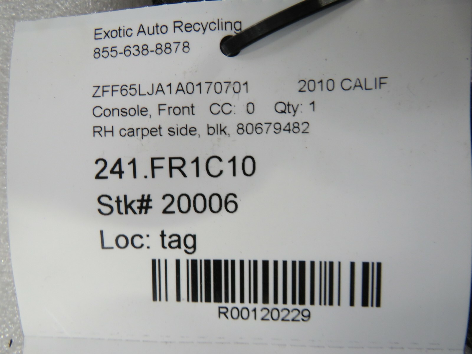Ferrari California, RH, Right Console Front Side Carpet, Used, P/N 80679400