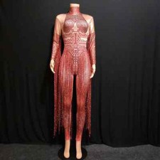 New Women Long Sleeve Rhinestone Red Fringe Jumpsuits Singer Dancer Stage Wear