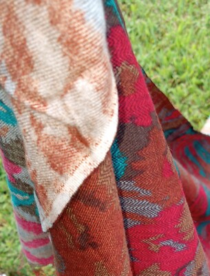 Vtg 70s Fabric 6 Yards Large Rose Floral Silky Rayon Feel Boho Brown Turquoise