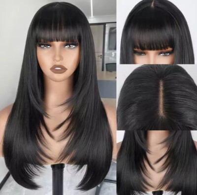 Gerade Lagenlook Schwarz Perücke mit Fransen, Lange Schwarze HD Kunstfaserperücke, 3X1 HD Lace