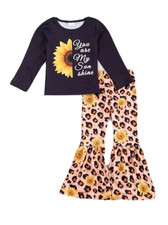 New Boutique Girls 5 Sunflowers Bellbottom Pants Set Long Sleeve Leopard Print