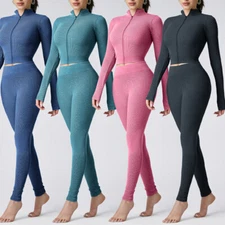 Women's Long Sleeve High Funnel Neck Workout Shirt Yoga leggings 2 Pieces Sets
