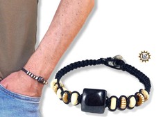 Bracciale tribale in cotone cerato intrecciato a mano con inserti in osso/legno