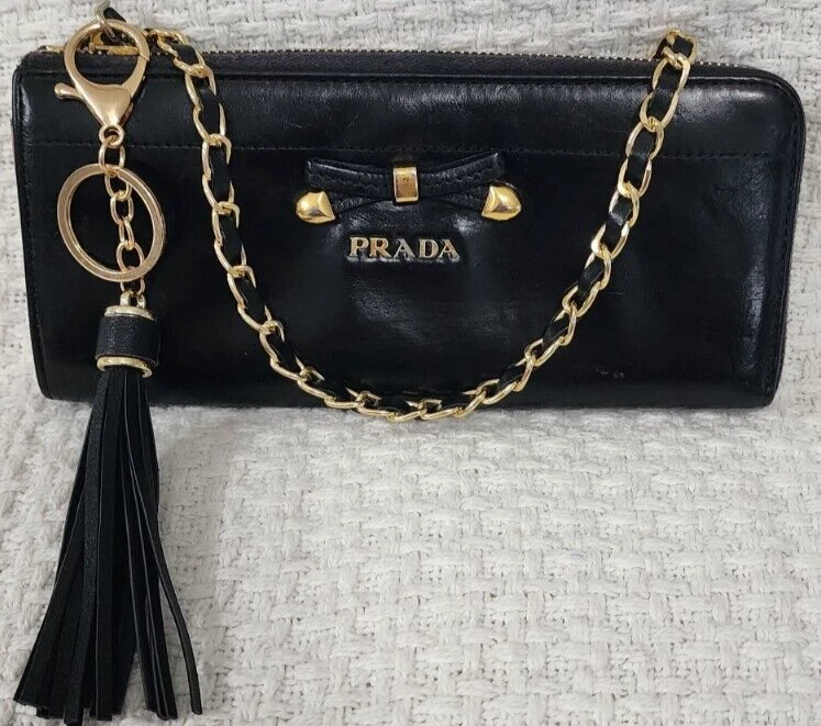 Prada Leather Black Zippy Wallet on Chain Cute