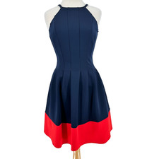 Vince Camuto Dress Size 4 Knee Blue Red Pleated Sleeveless Racerback Ponte Knit