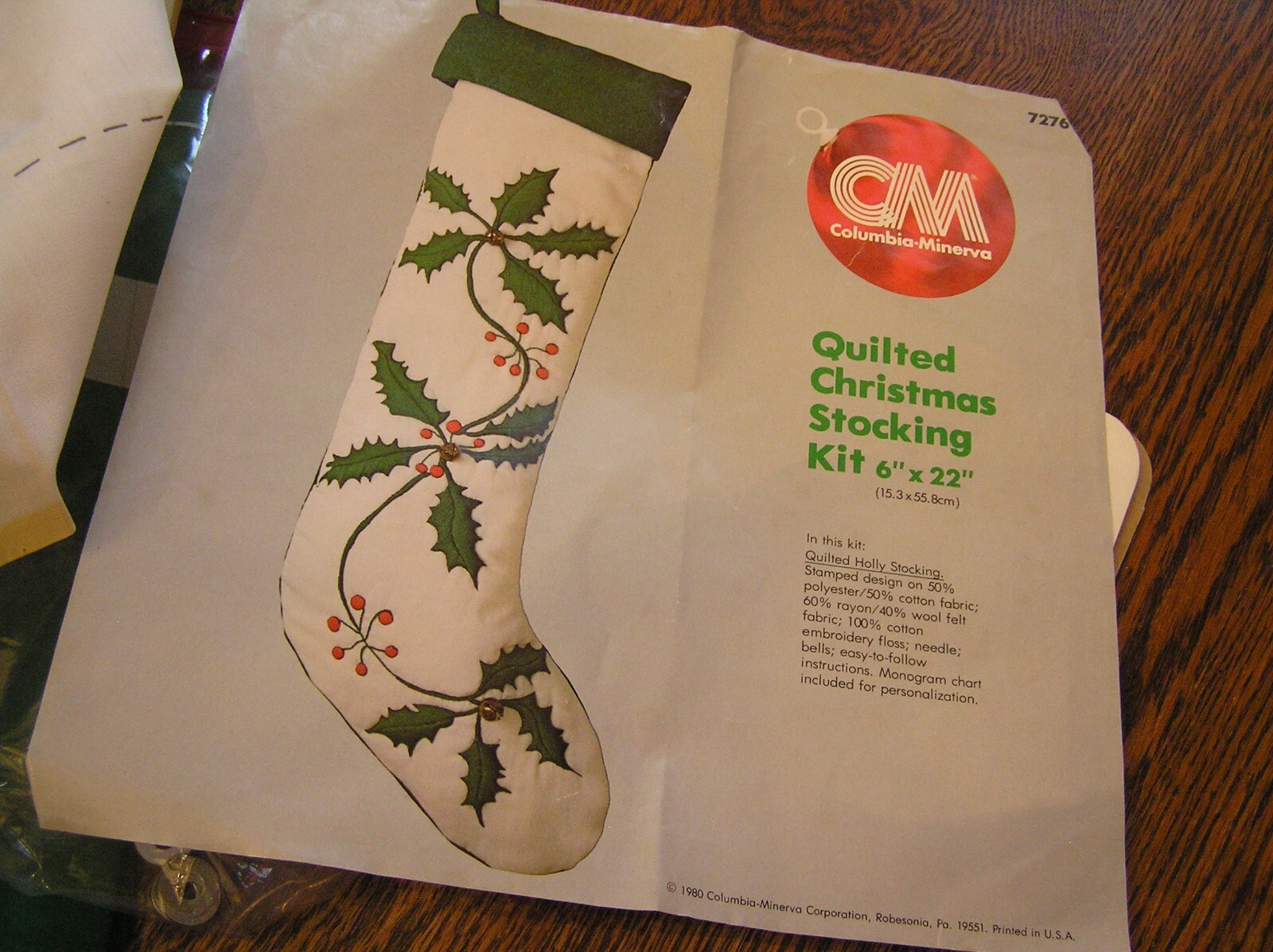 1980 Columbia~Minerva Quilted HOLLY~BERRIES Christmas Stocking Kit 1/3 ...