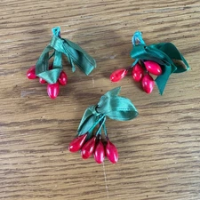 Vintage Berry Sprig Red Holly Berry Green Ribbon Ornaments Vintage MCM Lot of 3