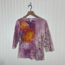 Christopher & Banks Floral Rhinestone Embellished Purple Graphic Top Women’s M