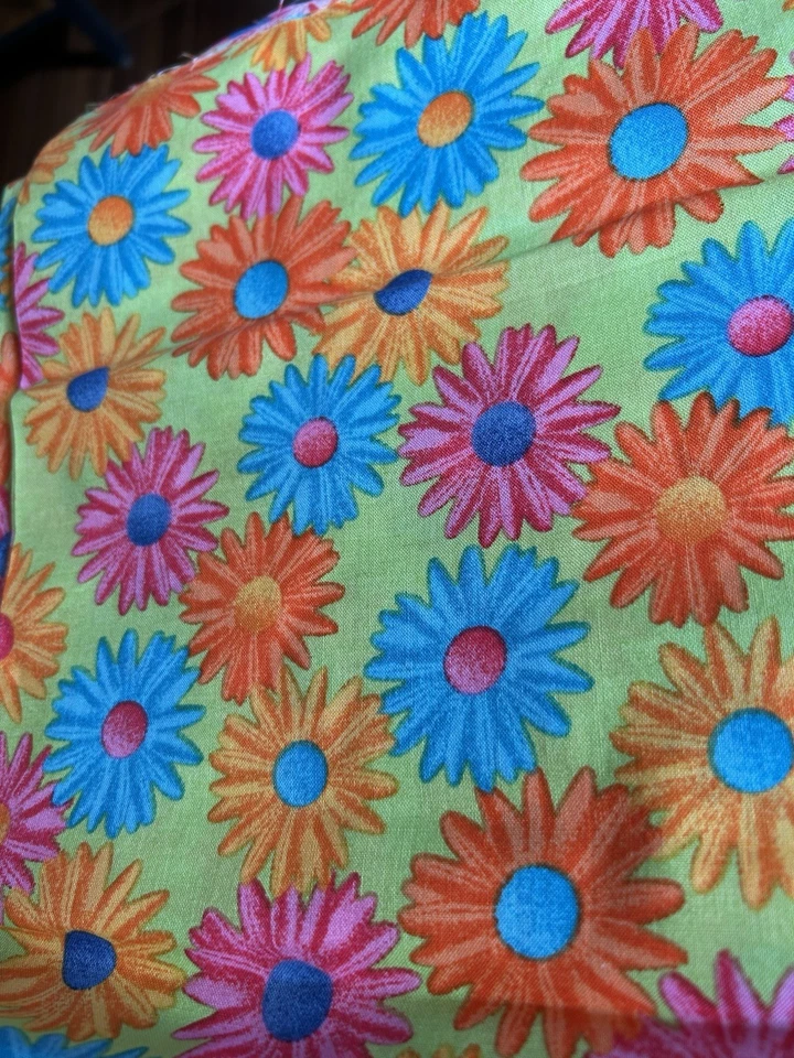 Daisy Blue Orange Flowers On Lime Green Quilting & Sewing Cotton Fabric 45”x1 Yd - Image 2 of 4
