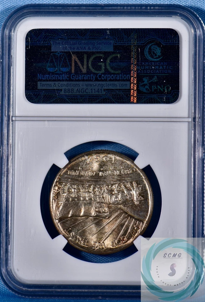1937-D Oregon Trail 50c NGC MS67+ CAC Endorsed - Lovely Vintage Tones - Image 3 of 4