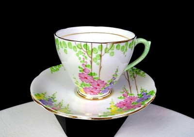 Royal Standard Porcelain #9481 Hollyhocks Art Deco 2 3/8'' Cup & Saucer Set 1940s