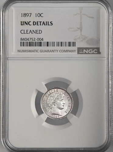 1897-P  10C BARBER SILVER DIME  NGC UNC DETAILS "CLEANED"  #8404752-004