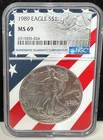 1989 $1 AMERICAN SILVER EAGLE NGC MS69 USA FLAG CORE HOLDER