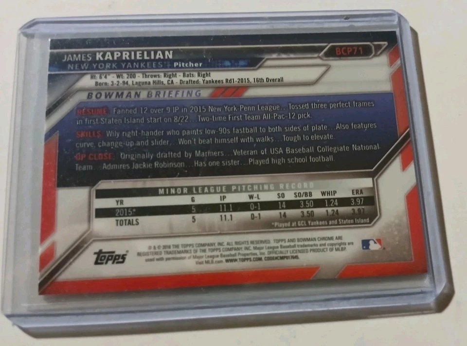 2016 Bowman - Chrome Prospects James Kaprielian #BCP71 (RC) - Image 2 of 2