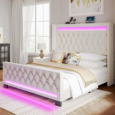 Queen Bed Frame with LED Light and Charging Station, Upholstered High Headboard