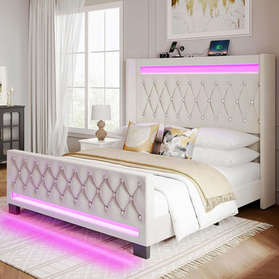 Beige Queen Bed Frame with LED Light, Charging Station & Upholstered Headboard