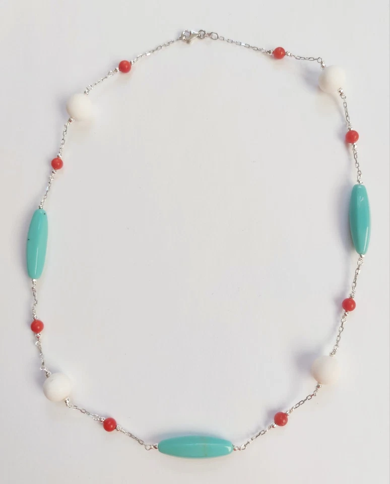 Collana in argento 925 con corallo bambu rosso e bianco e pasta di turchese  - Immagine 2 di 4