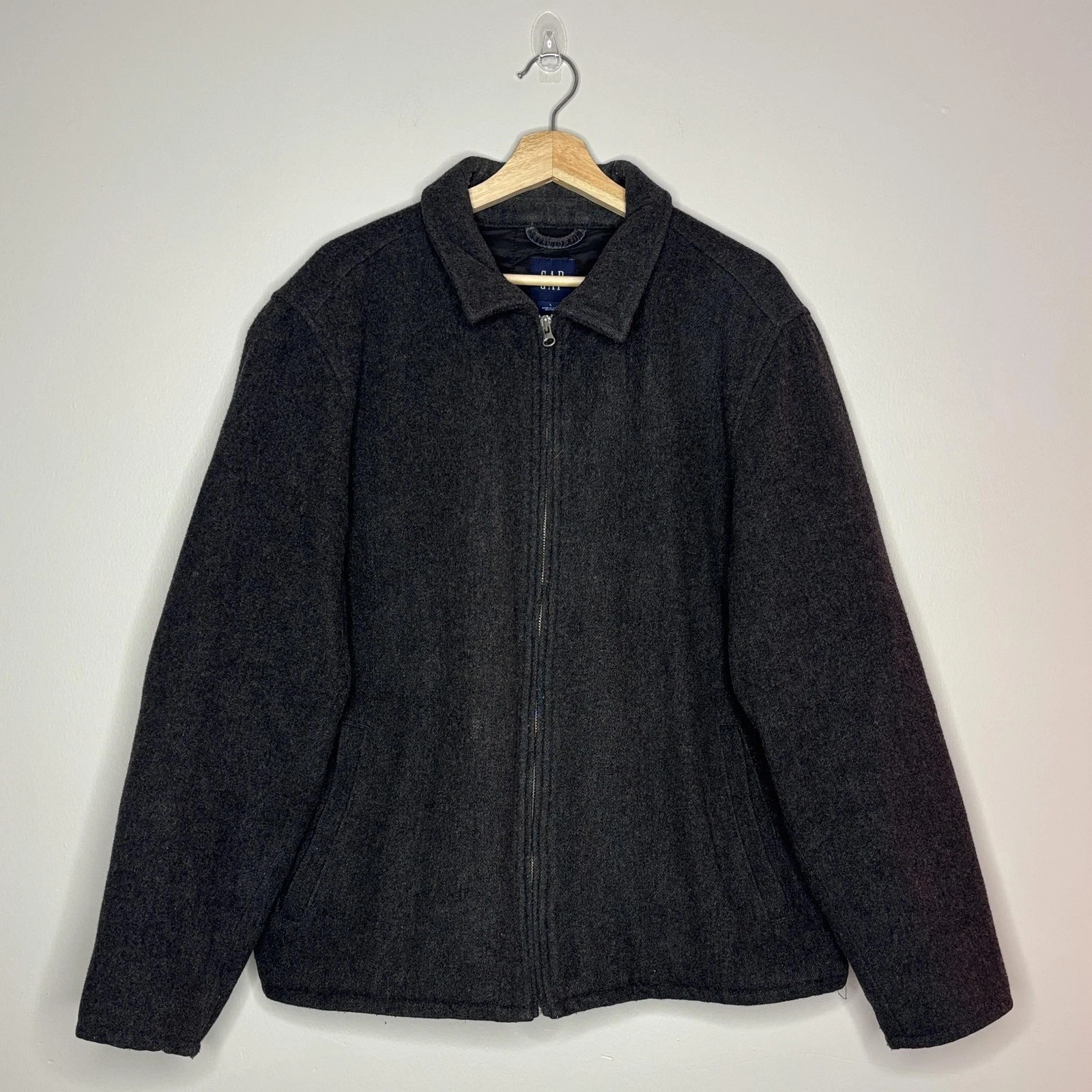 Gap Jacket Mens Large Charcoal Gray Wool Blend Zip Front Lined Casual Warm Coat