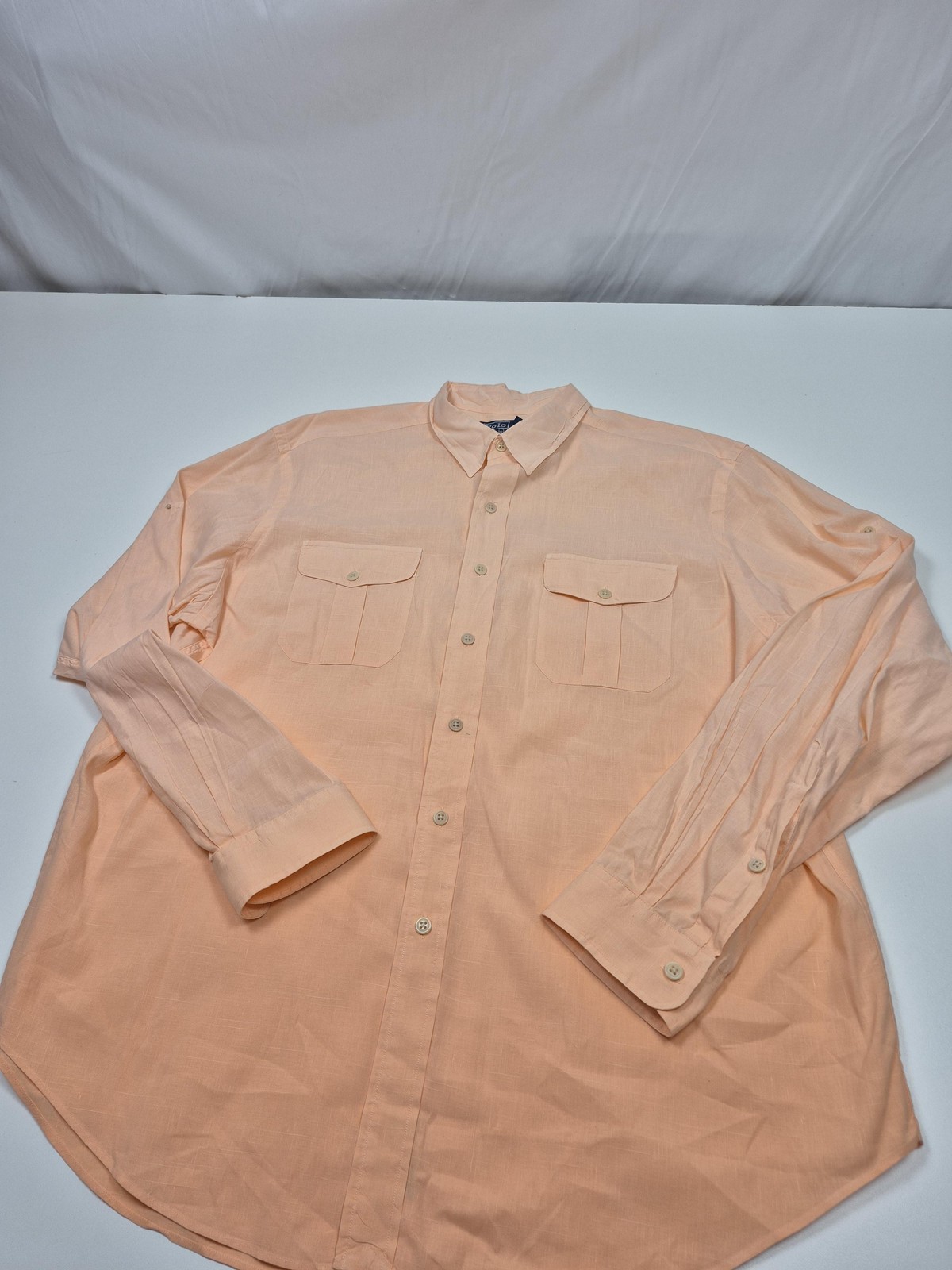 VTG Polo Ralph Lauren Shirt Mens 2XL Orange Linen Blend Button Front Pockets