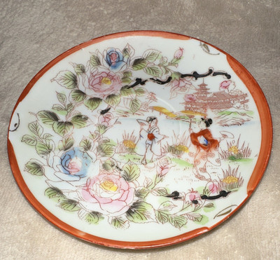 Made in Japan Japanese Porcelain Plate Floral & Figural Scene w/ Red Rim