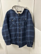 Wrangler Authentics Flannel Hooded Shirt Jacket Mens L Blue Plaid Quilted Lined