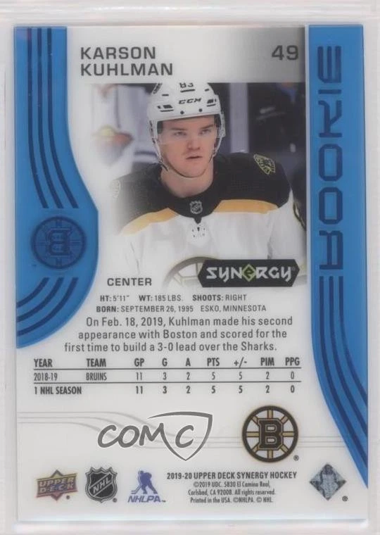 2019-20 Upper Deck Synergy Rookies Blue /399 Karson Kuhlman #49 Rookie RC - Image 2 of 2
