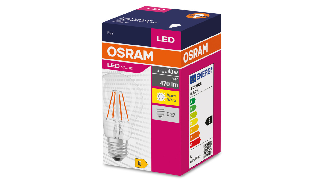 СВЕТОДИОД Žarówka VALUE CLASSIC A 40 E27 4W 470lm 2700K 827 FIL без затемнения 4058075439856