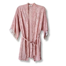 Women Valmode 80s VTG Pink Jacquard Robe S Lace Romantic Dainty Cottagecore Flaw