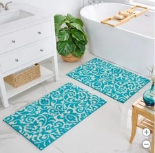 Welhome Purely Organic Bath Rug Turquoise White 2-Pack Printed Ornate Scroll