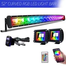52 INCH Curved RGB LED Light Bar Halo + 4" Cube Pods Lamp Offroad For SUV Ford