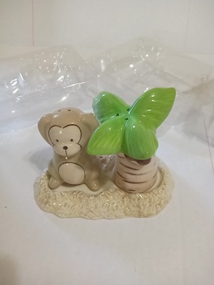 Vintage Monkey & Palm Tree Salt & Pepper Shaker Set on Tray.