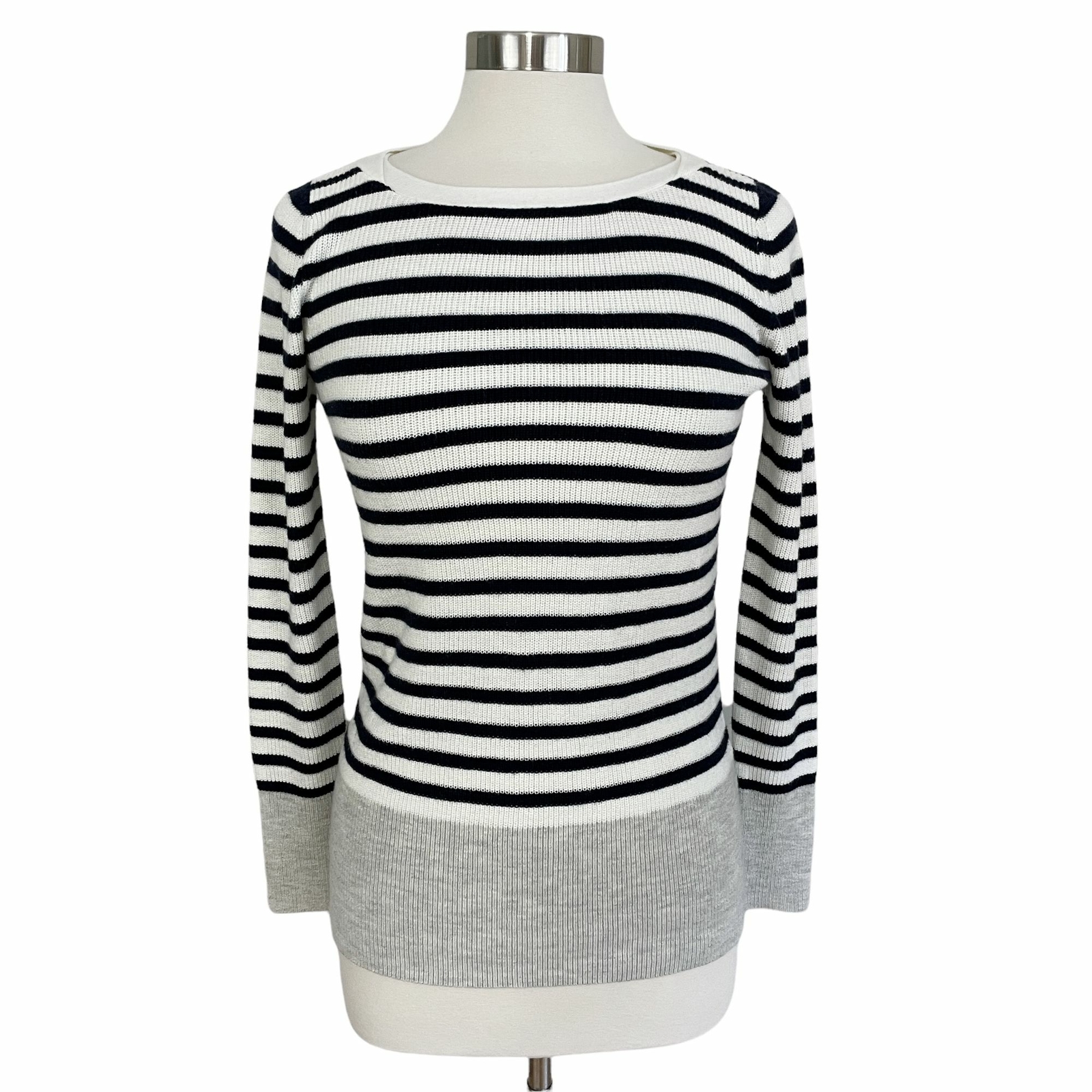 LOFT Womens XS Navy White Stripe Banded Crew Neck Long Sleeve Sweater  424469 | eBay
