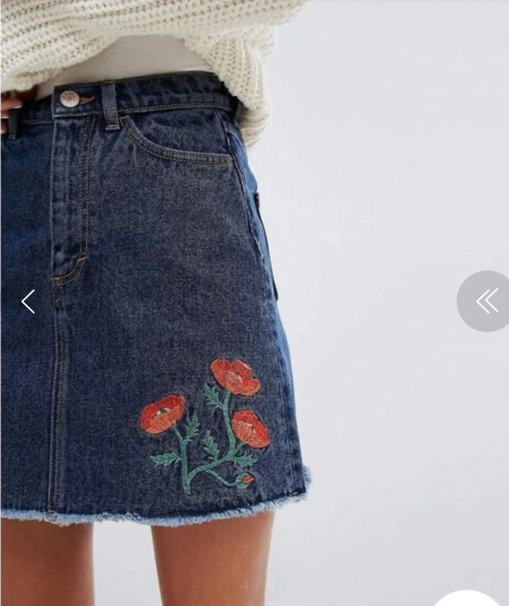 Monki Embroidered Floral Denim Mini Skirt EU32 US 0 eBay