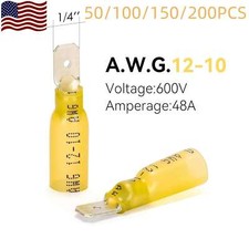 Yellow Heat Shrink Marine Grade Male Spade Crimp Connectors Terminals AWG 12-10