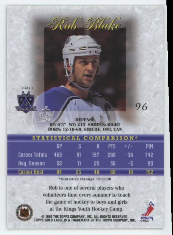 1998-99 TOPPS GOLD LABEL #96 Rob Blake CLASS 1 RED /100 - Image 2 of 2