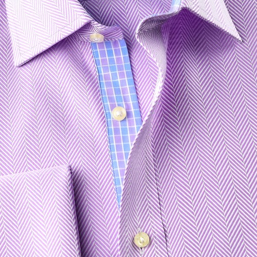 Lilac TOPHerringbone Dress Shirt Luxury With Fancy Boss Inner Lining Double Cuff - Picture 8 of 8