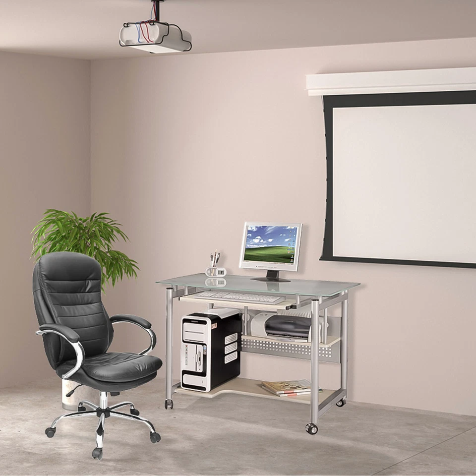 TAVOLO SCRIVANIA DESIGN Postazione UFFICIO Vetro Con RUOTE Computer PC Mod WHEEL - Immagine 2 di 4