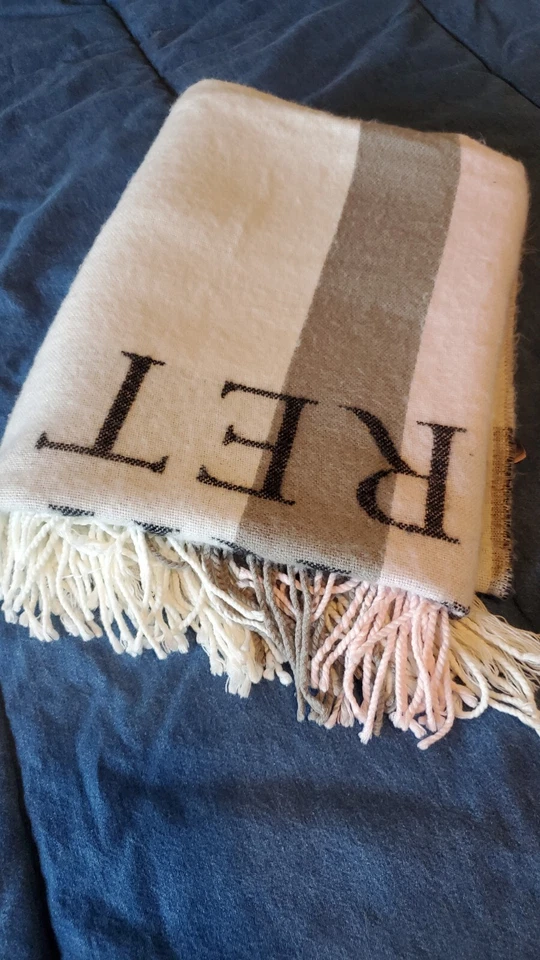 Victoria's Secret Fleece Blanket fringe throw pink cream Striped 50x60" Soft - Image 2 of 4