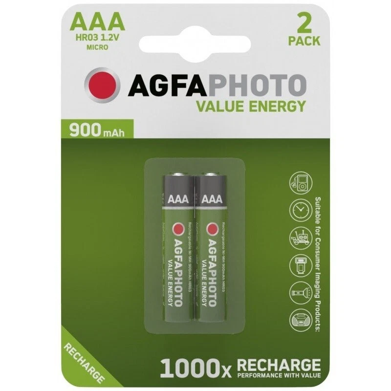 Pile rechargeable AAA LR3 HR03 900 mAh 1.2 Volts Lot de 2 Piles AgfaPhoto 1.2V