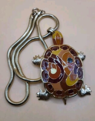 Vintage Eisenberg Signed Enamel Cloisonne Abstract Turtle Pendant Necklace