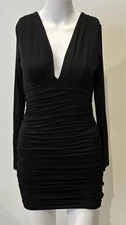 Black Bodycon Ruched Mini Dress Sz S Long Sleeve Deep V-Neck Stretch Cocktail