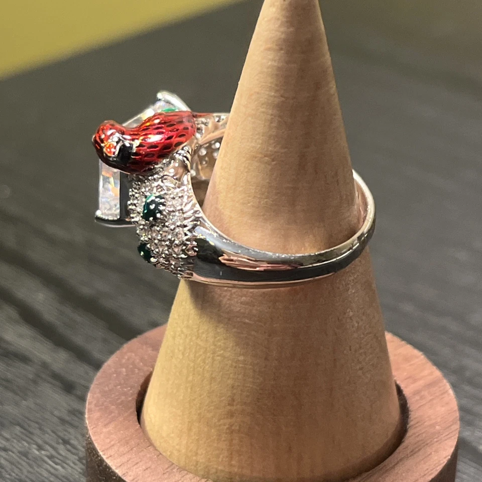 Anel cardinal esmalte esterlina Victoria Wieck pássaro vermelho duplo tamanho 7 prata 925 - Imagem 3 de 4