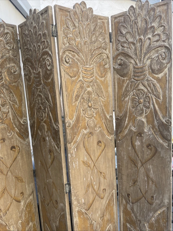 Retro Style Handcrafted 60’s Solid Wood Carved 4 Panel Divider Heavy Rare - Image 2 of 4